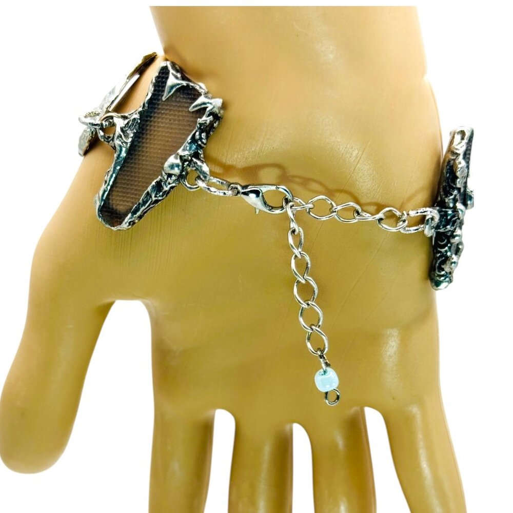 Sea Glass & Silver Cutout Bracelet - Boho Metalwork Adjustable Closure - Picture 6 of 16